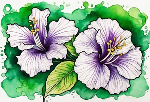 An outline of an only green rio dipladenia flower and a green and purple watercolor splash in the background tattoo idea