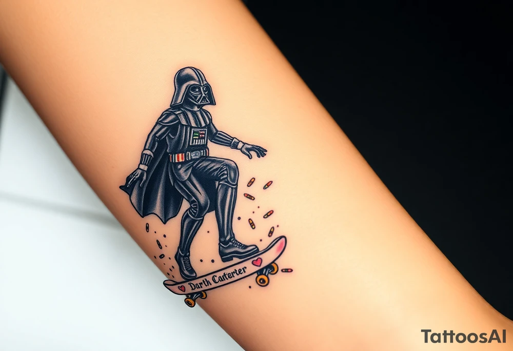 Darth Vader skateboarding > bullets > memorial > colors > god > futuristic 
add name "Darth Carter" on skateboard
add date in loving memory 12/29/88-01/06/24 tattoo idea