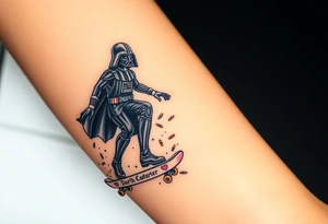 Darth Vader skateboarding > bullets > memorial > colors > god > futuristic 
add name "Darth Carter" on skateboard
add date in loving memory 12/29/88-01/06/24 tattoo idea