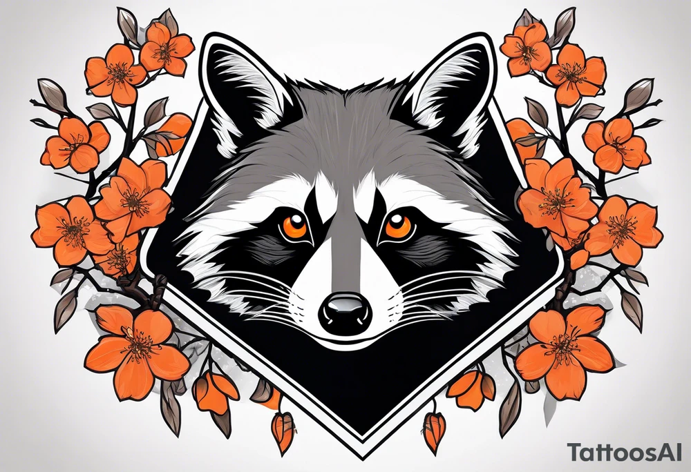 Raccoon wearing a white Superman logo on a black hoodie and orange Japanese cherry blossoms tattoo idea