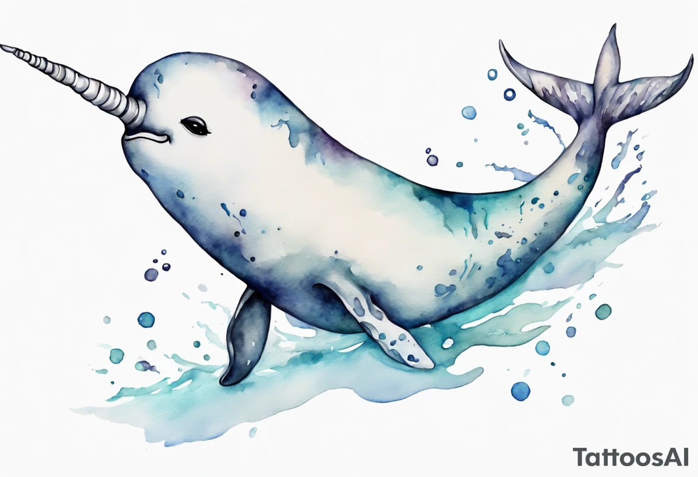 a melancholy watercolor painting of a realistic white narwhal swimming tattoo idea