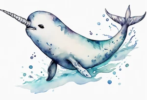 a melancholy watercolor painting of a realistic white narwhal swimming tattoo idea