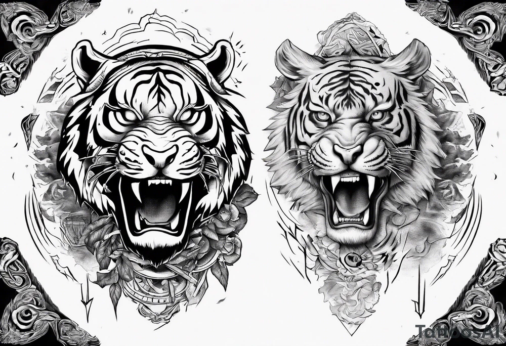 Ancient tiger with lightning and a sun for a forearm sleeve. With patterns surrounding it tattoo idea