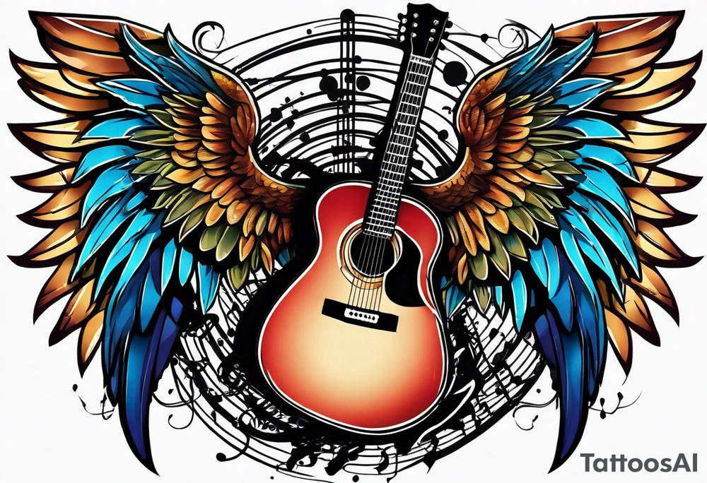 Microphone and musical notes and guitar and wings tattoo idea