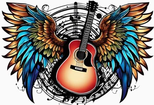 Microphone and musical notes and guitar and wings tattoo idea