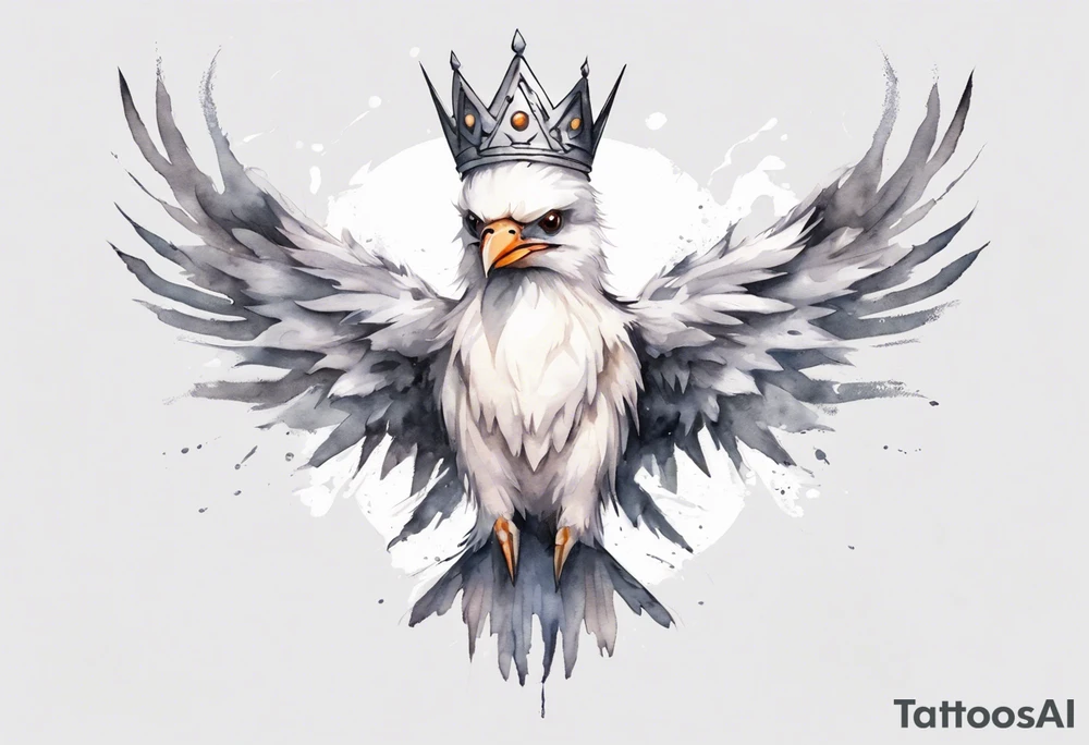 a solitary white thunderbird wearing a grey crown tattoo idea
