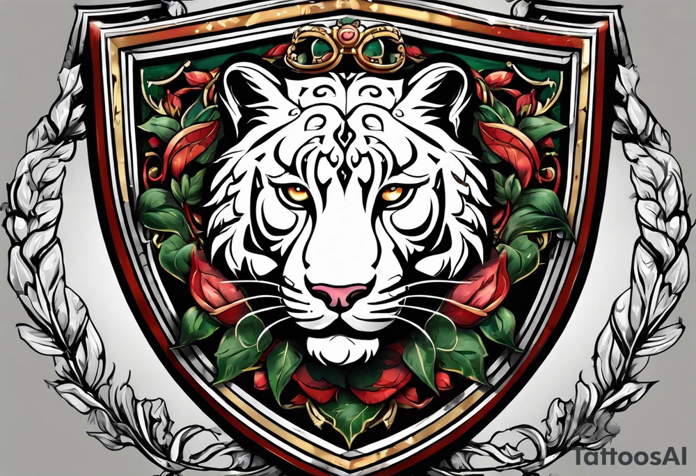 A shield with leopar head as shield's emblem. The shield would be hang on a ivy planted wall tattoo idea