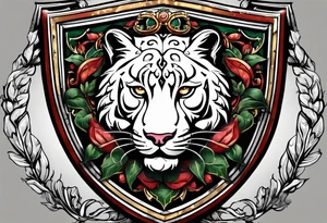A shield with leopar head as shield's emblem. The shield would be hang on a ivy planted wall tattoo idea