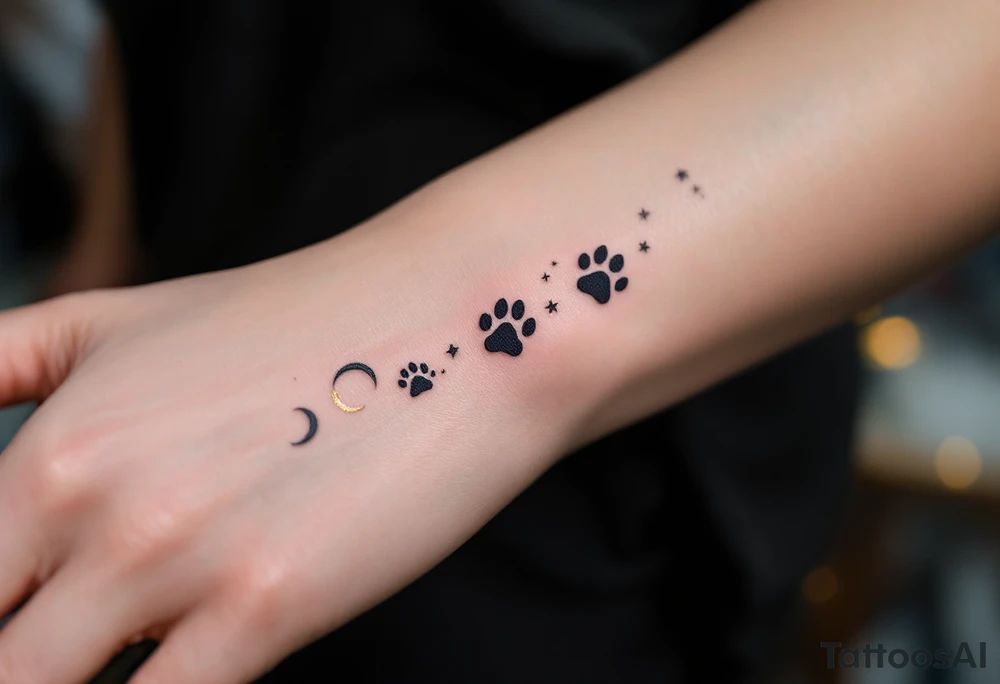 Celestial Paw Path – A trail of silver and gold paw prints with tiny crescent moons and stars between them, symbolizing a pet that watches over you from above. tattoo idea