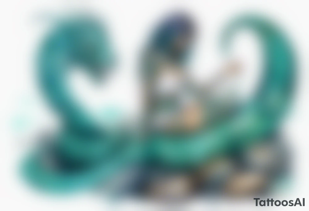 A sea serpent woman hybrid covered in turquois scales sitting on rocks by the ocean tattoo idea