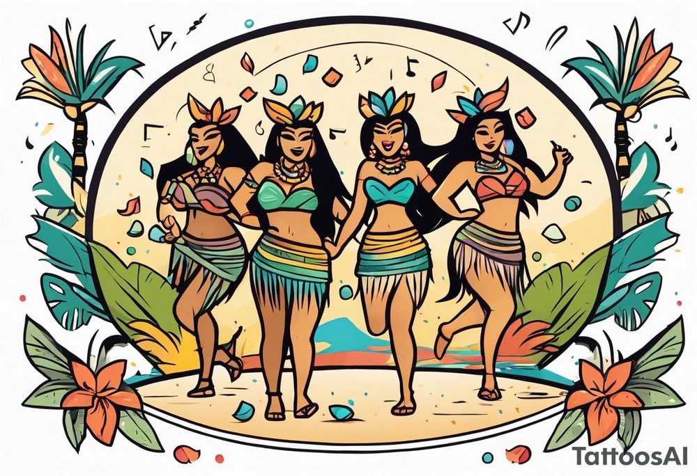 hulu tiki party with dancing tiki guys and sexy tiki girls on a beach with music notes and confetti around a blank space in the middle tattoo idea