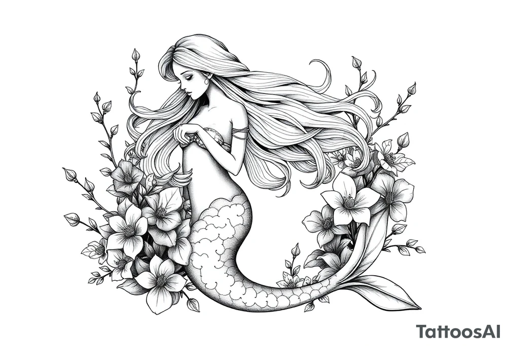ethereal mermaid with flowing hair among coral and sea flowers tattoo idea