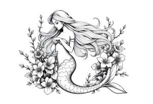 ethereal mermaid with flowing hair among coral and sea flowers tattoo idea