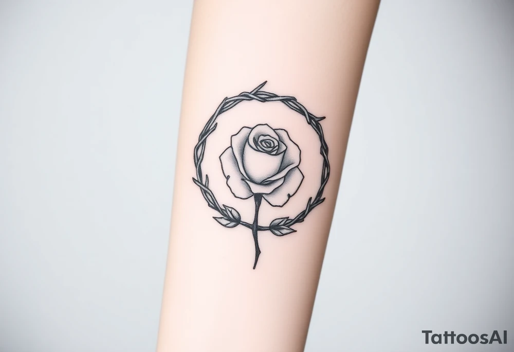 Crown of braided thorns with a rose with a stem in the middle tattoo idea