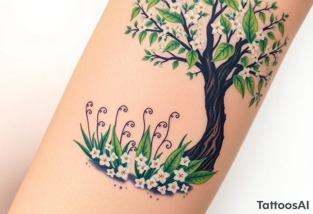 White flowering Lilly of the vally plants on ground underneath a flowering hawthorn tree tattoo idea