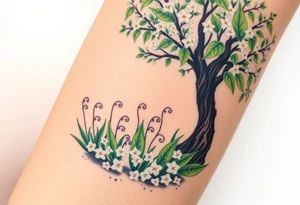 White flowering Lilly of the vally plants on ground underneath a flowering hawthorn tree tattoo idea