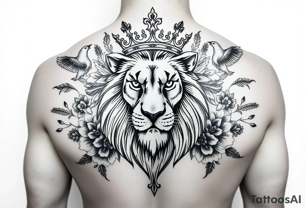 powerful majestic lion with a crown, surrounded by floral ornaments and birds tattoo idea