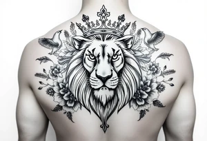 powerful majestic lion with a crown, surrounded by floral ornaments and birds tattoo idea