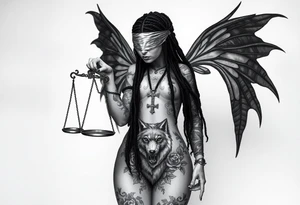 Black Sylph with dreads wearing blind fold and ankh cross pendant with tattoos holding weighing scales with the rose vines surrounding and grey wolf tattoo idea