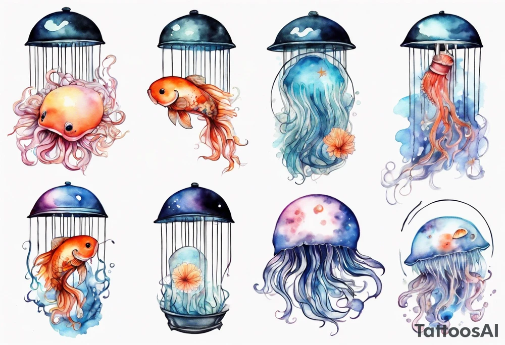 1 jellyfish with the moon in the lid. Then with mini koi carp and jellyfish swimming amongst the tentacles tattoo idea
