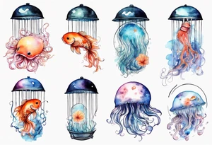 1 jellyfish with the moon in the lid. Then with mini koi carp and jellyfish swimming amongst the tentacles tattoo idea