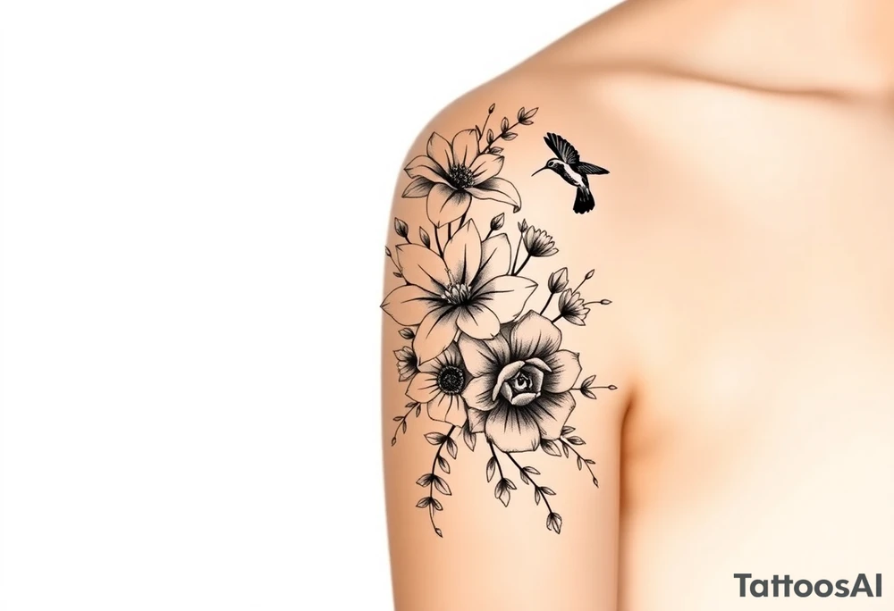 Can you create an image of a tattoo that will go on my upper arm including the following floral arrangement done very light handed and with soft lines- 1 large violet, 1 large carnation, 1 large lily of the valley, 1 large narcicuss, 1 medium carnation, 1 medium violet, 1 small dafodil, 2 small water lillies, and 1 small chrysanthemum. Add a small hummingbird drinking out of the large narcicuss. I want it on my upper right arm on the outside but slightly wrapping around the outer arm. I would like some greenery to fill in spaces as well. Make it large enough to fill my upper arm. I want the flowers to have dramatic and realistic shading. Make the tattoo more vertical than horizontal and put it on a female's arm with medium tan skin. tattoo idea