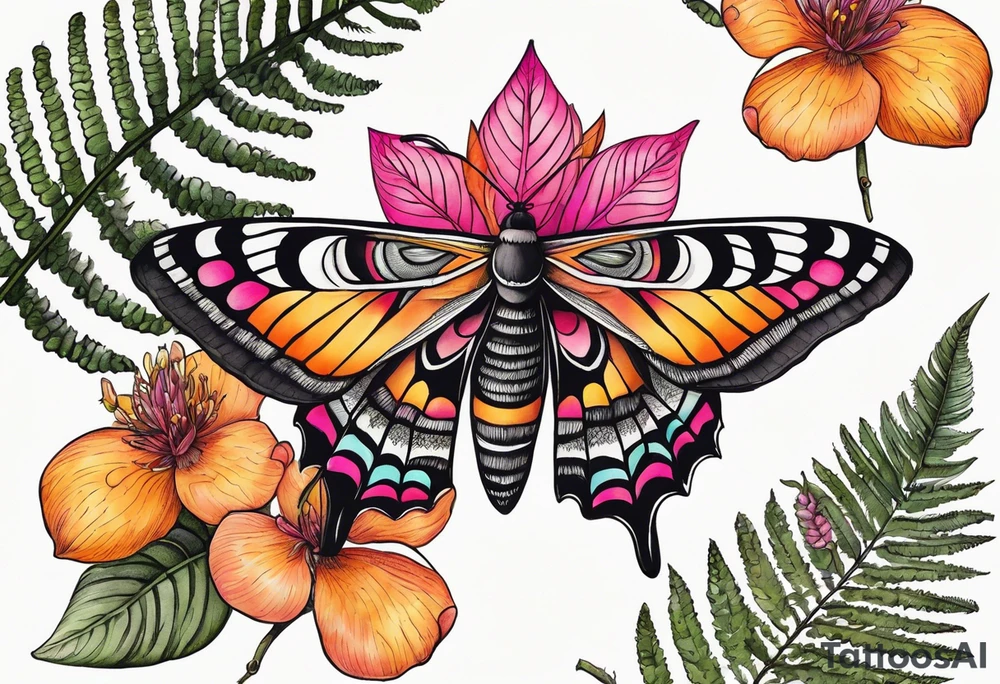 Botanical with pretty moth, colorful, mandala, fern leaves, white, orange, yellow, pink, black, fuschia tattoo idea