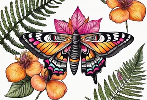 Botanical with pretty moth, colorful, mandala, fern leaves, white, orange, yellow, pink, black, fuschia tattoo idea