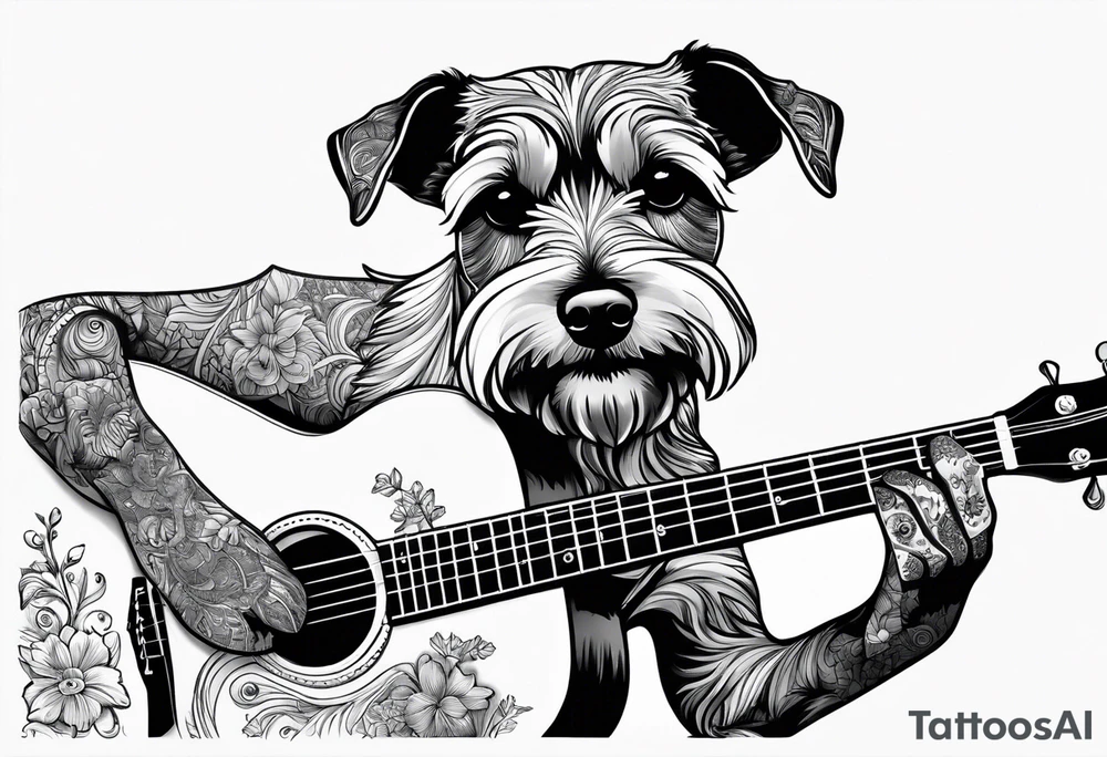 Miniature schnauzer playing guitar tattoo idea