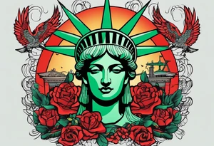 the statue of liberty with a skull for a face, and green dollar signs for eyes, with a red sun behind it with birds flying towards it tattoo idea