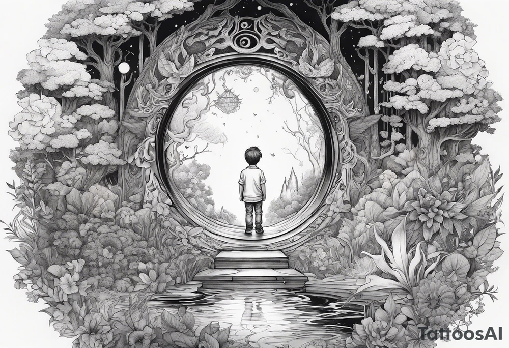 a small boy entering a portal to a fantasy world filled with nature tattoo idea