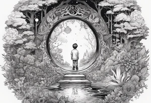 a small boy entering a portal to a fantasy world filled with nature tattoo idea