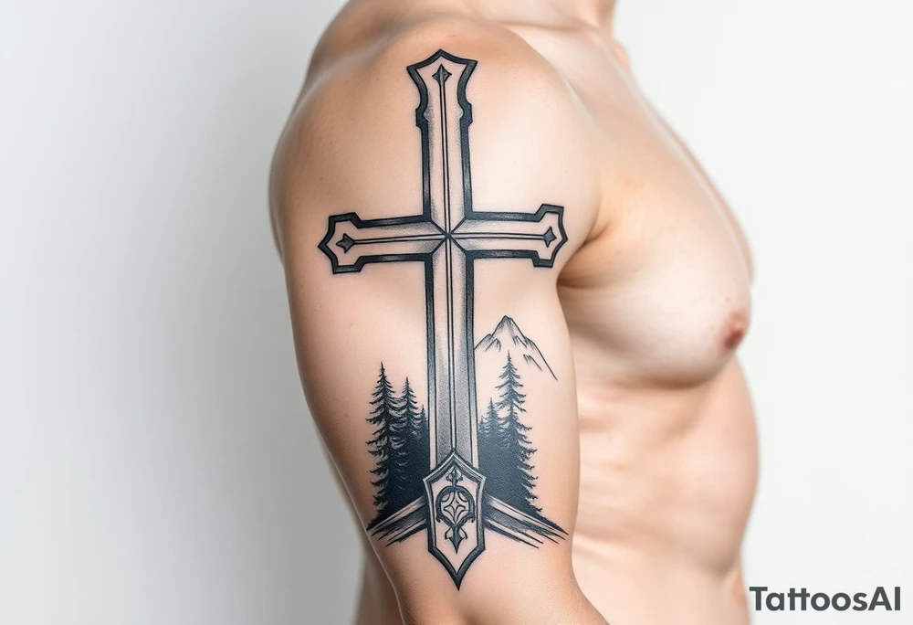 russian christian orthodox cross with the diagonal line at the bottom with a light forrest with a light mountainous setting tattoo idea