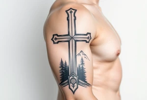 russian christian orthodox cross with the diagonal line at the bottom with a light forrest with a light mountainous setting tattoo idea