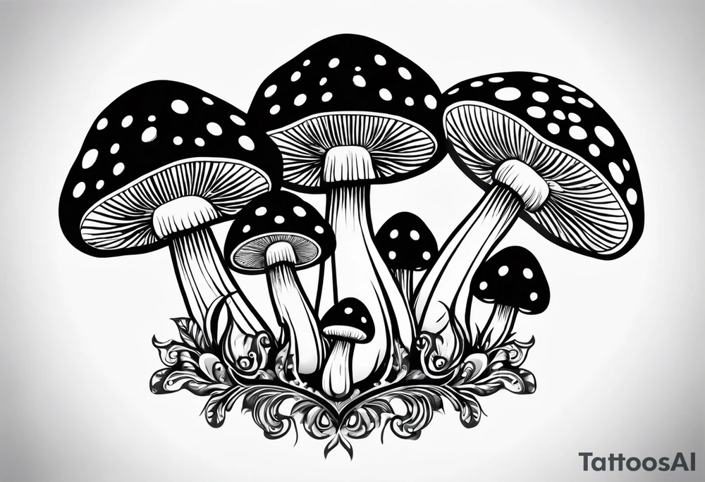 Large Shaggy cap mushroom dripping ink off cap with 4 smaller mushrooms around it mandala henna black tattoo design tattoo idea