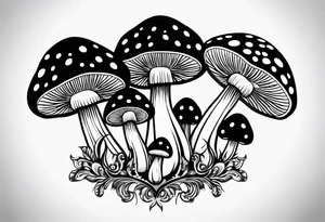 Large Shaggy cap mushroom dripping ink off cap with 4 smaller mushrooms around it mandala henna black tattoo design tattoo idea