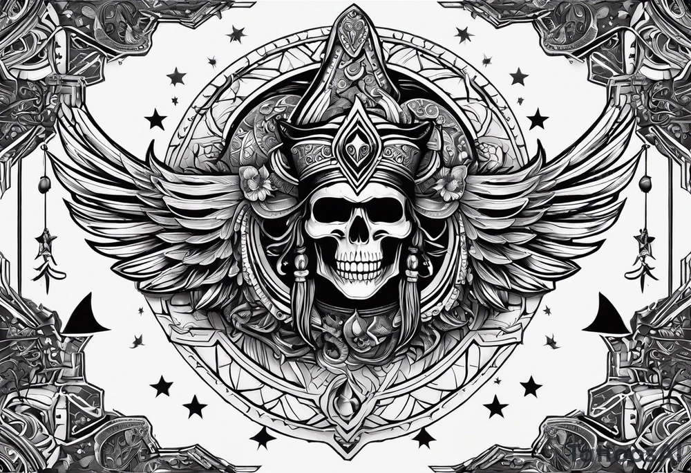 black kali, goddess pirate, alien, pachamama, valkrye, warrior, skull, lotus azul, wing, eagle, zenza resonance, stars, 5D tattoo idea