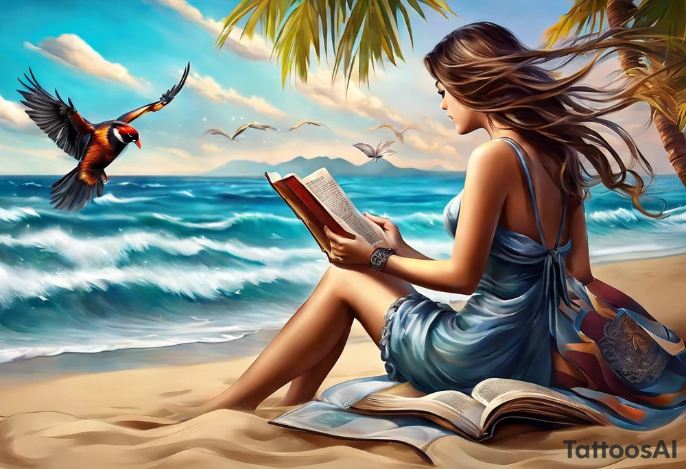 Someone is sitting on the beach reading a book and the pages are flying in the wind, the purpose of the tattoo is to emphasize that just as the pages are flying in the wind, you also have to flip through situations in life tattoo idea