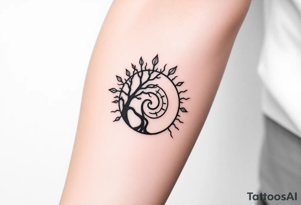 Tree inside of a spiral Fibonacci spiral sun tattoo idea