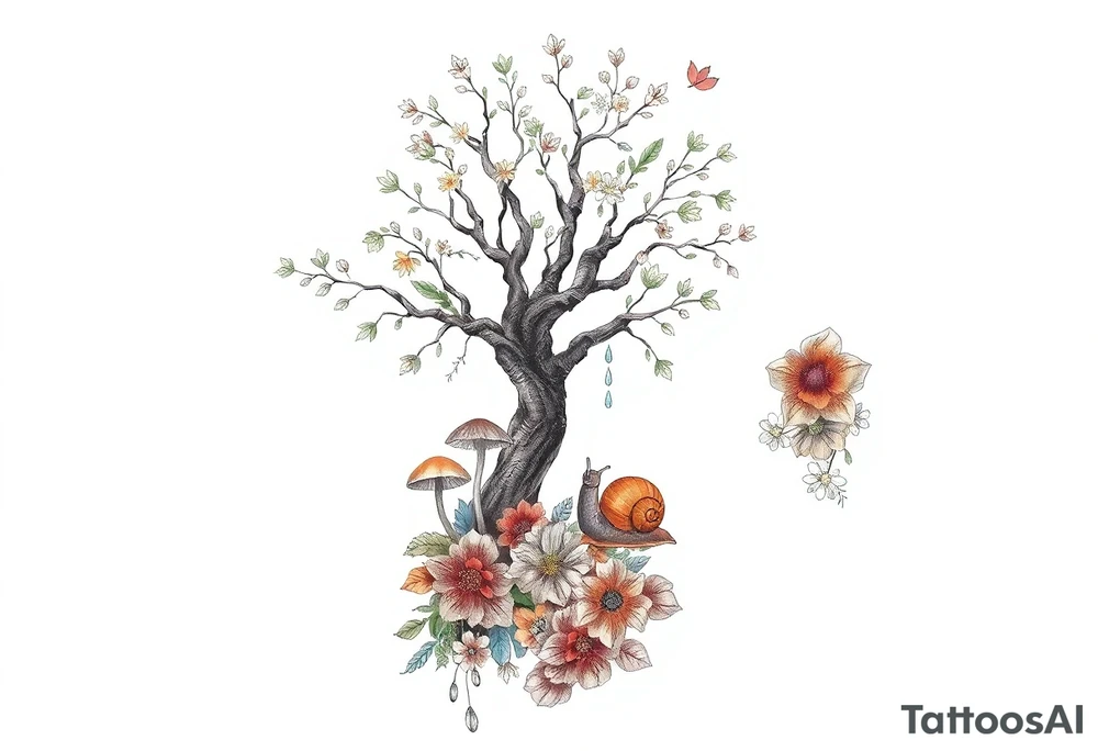 Fall themed sleeve with a tree surrounded by mushrooms, a snail, add some falling leaves off the tree branches, falling rain, and fall themed flowers as background filler tattoo idea