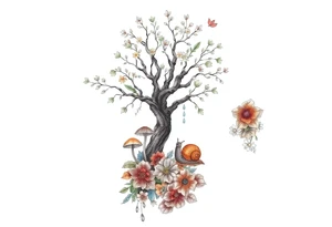 Fall themed sleeve with a tree surrounded by mushrooms, a snail, add some falling leaves off the tree branches, falling rain, and fall themed flowers as background filler tattoo idea
