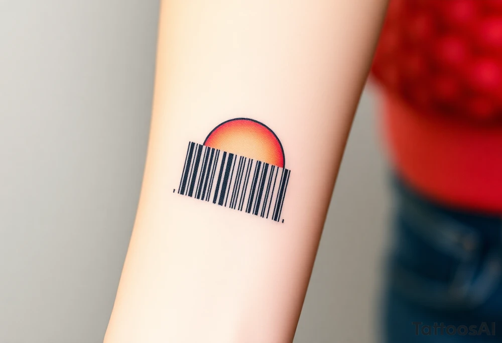 A barcode that transitions into a rising sun in red, orange and pink color tattoo idea