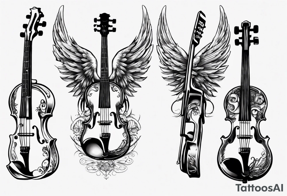 GUITAR LEANING AGAINST A VIOLIN WITH ANGLE WINGS tattoo idea