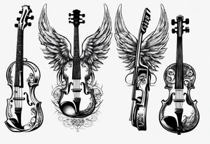 GUITAR LEANING AGAINST A VIOLIN WITH ANGLE WINGS tattoo idea
