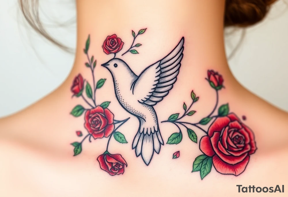 A collared dove surrounded by swirling vines and roses, with the dove in light gray and soft white, and the vines in green with hints of deep red for the roses tattoo idea