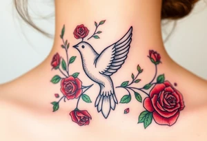 A collared dove surrounded by swirling vines and roses, with the dove in light gray and soft white, and the vines in green with hints of deep red for the roses tattoo idea