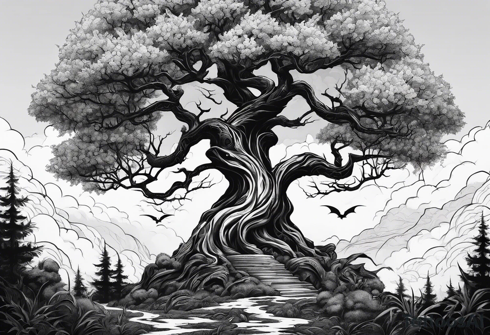 Tree of yigdrassil made from dragon with skull outline tattoo idea