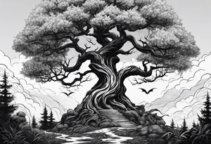 Tree of yigdrassil made from dragon with skull outline tattoo idea