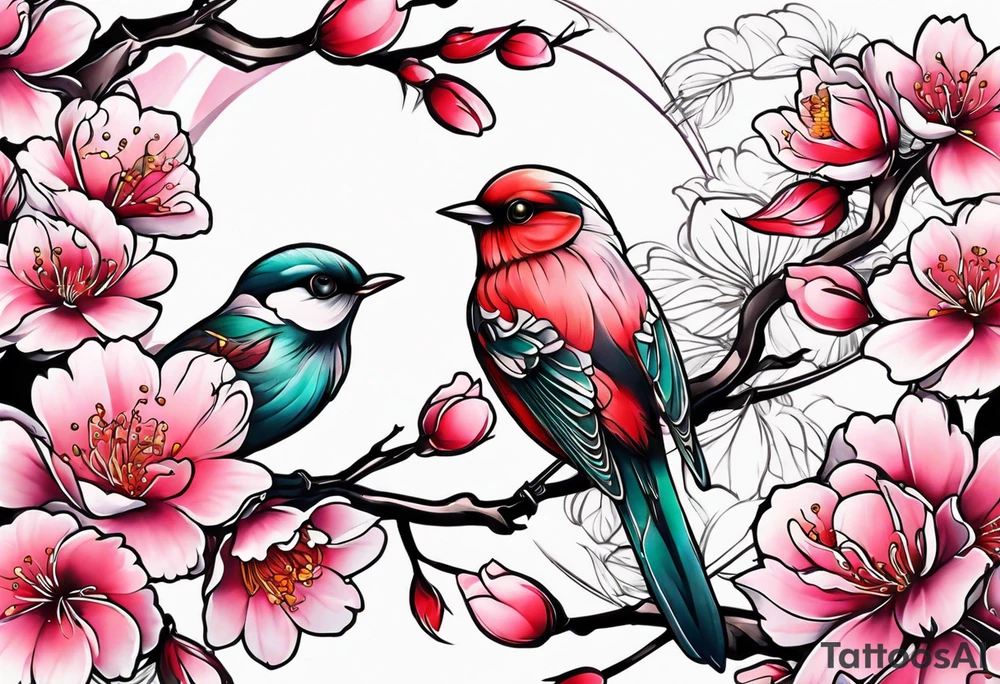 Japanese cherry blossom with birds, butterflies and rose on the forearm tattoo idea