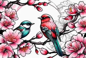 Japanese cherry blossom with birds, butterflies and rose on the forearm tattoo idea